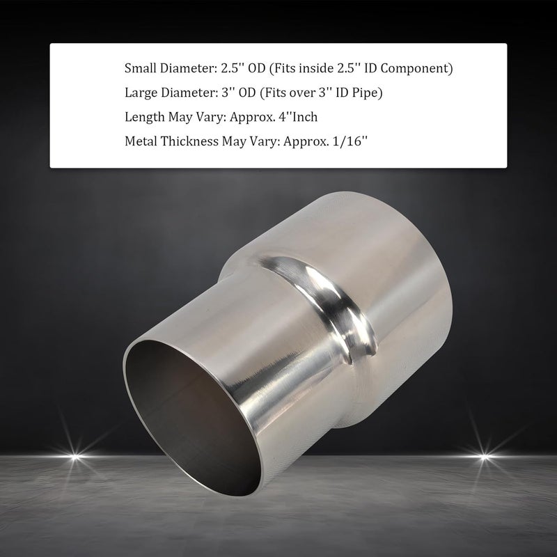 SSN Exhaust Pipe Reducer Component Adapter 2.5 Inch ID to 3.0 Inch ID Polished 304 Stainless Steel Universal ID 2.5" to ID 3.0" Exhaust Pipe Reducer Adapter 4 Inch Length-Pair - Image 3
